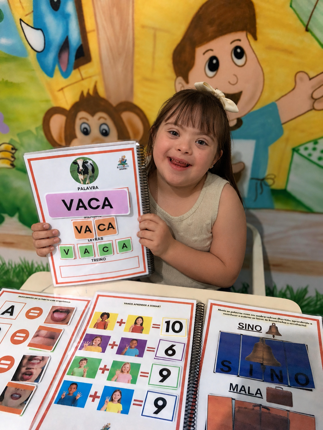 Criança segurando apostila com atividades de matemática e alfabetização